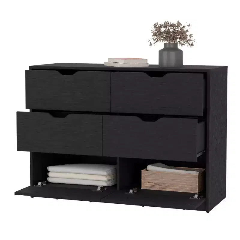 Okak Modern 6-Drawer Dresser 2-Tone Storage with 4 Full-Extension Drawers & 2 Pull-Down Cabinets, Rectangle Bedroom Organizer