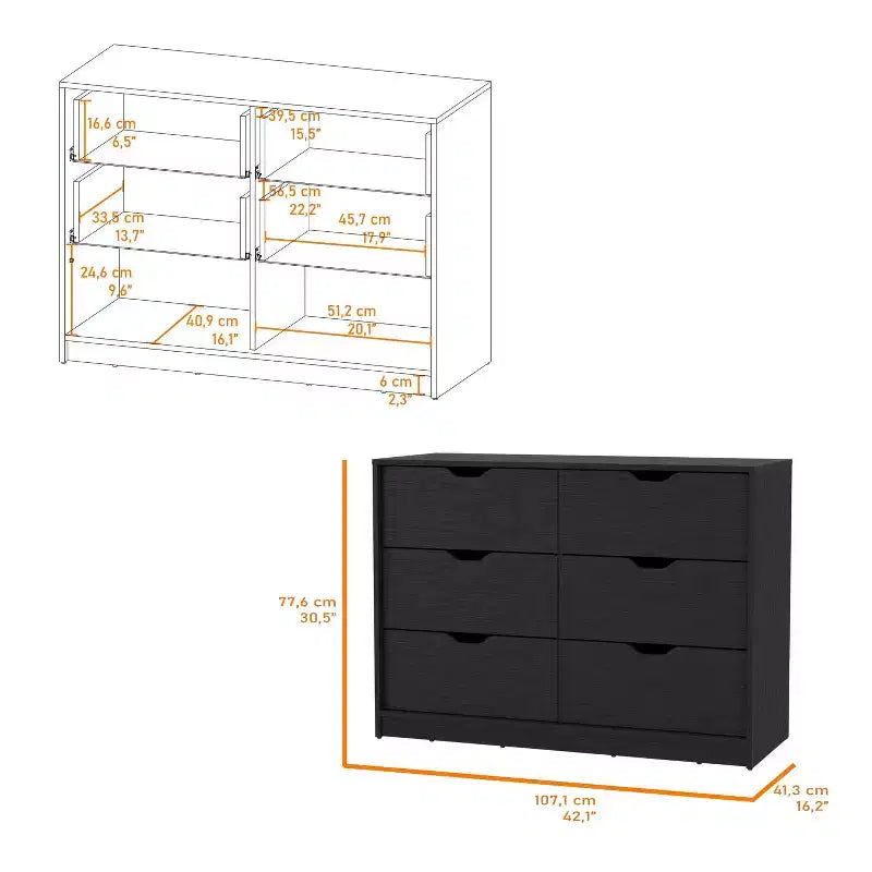 Okak Modern 6-Drawer Dresser 2-Tone Storage with 4 Full-Extension Drawers & 2 Pull-Down Cabinets, Rectangle Bedroom Organizer