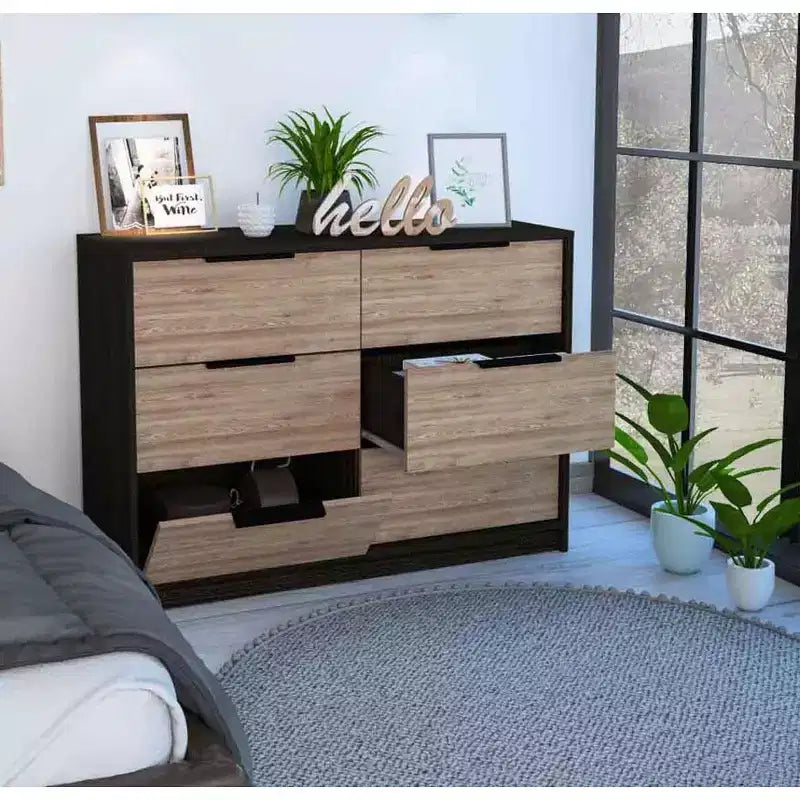 Okak Modern 6-Drawer Dresser 2-Tone Storage with 4 Full-Extension Drawers & 2 Pull-Down Cabinets, Rectangle Bedroom Organizer