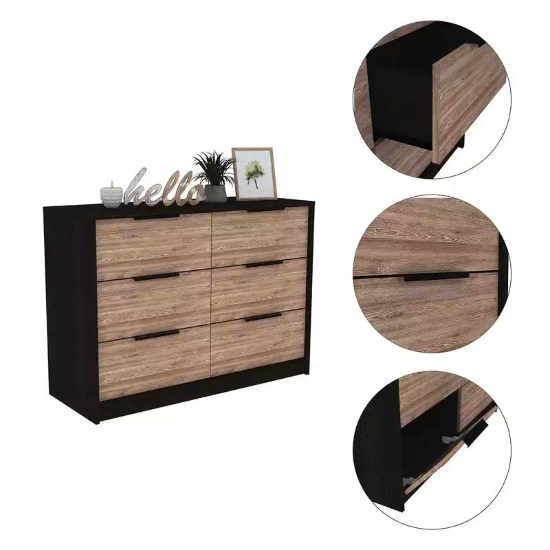Okak Modern 6-Drawer Dresser 2-Tone Storage with 4 Full-Extension Drawers & 2 Pull-Down Cabinets, Rectangle Bedroom Organizer