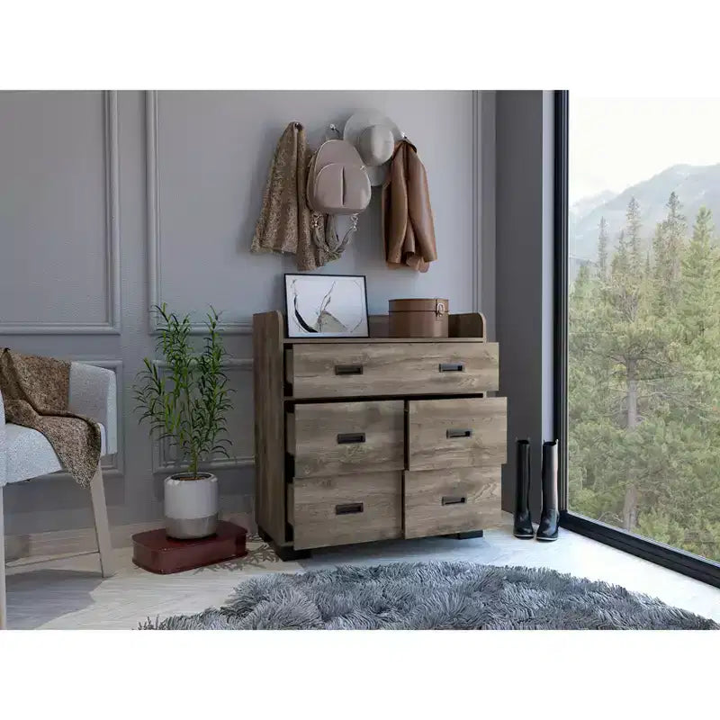 Okak Modern Bedroom Dresser Nightstand with 1 Double & 4 Single Drawers, Ample Storage Chest Cabinet for Living Room Hallway Entryway