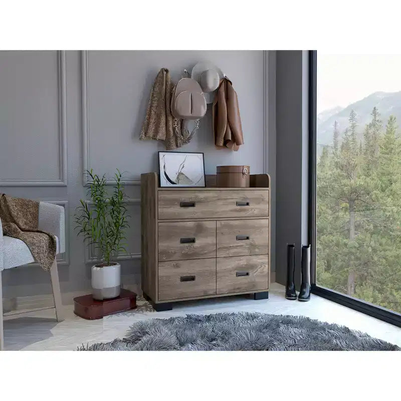 Okak Modern Bedroom Dresser Nightstand with 1 Double & 4 Single Drawers, Ample Storage Chest Cabinet for Living Room Hallway Entryway