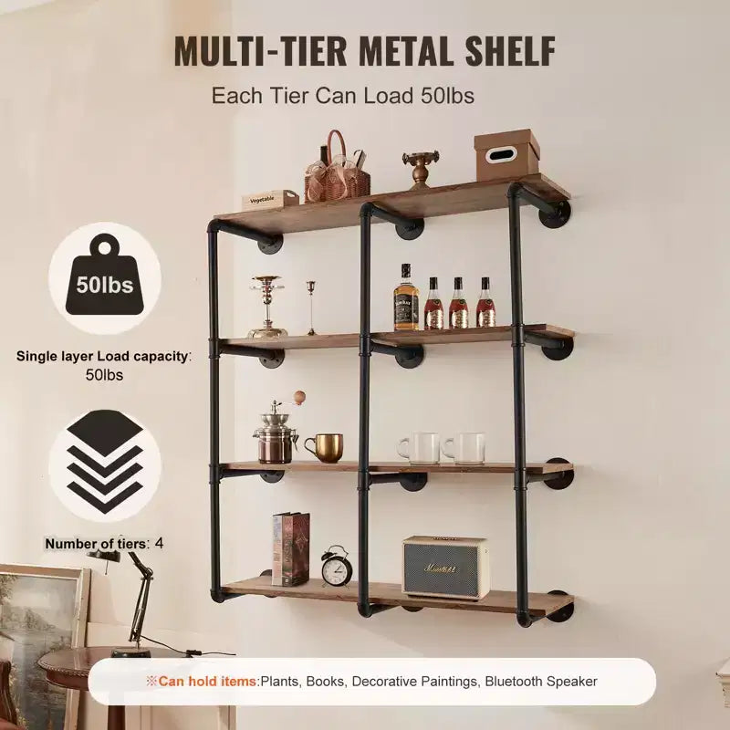 VEVOR Industrial Pipe Shelf, 4 Tier 3PCS, 11.8in Applicable Board Width Wall-Mount Floating Rustic Wood Shelves Bracket Bookshelf, Black