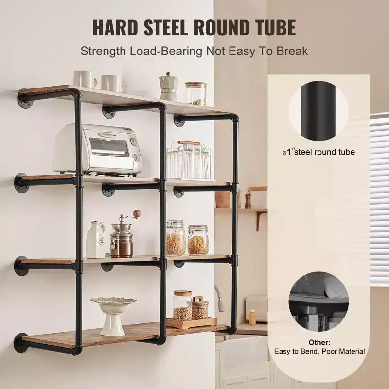 VEVOR Industrial Pipe Shelf, 4 Tier 3PCS, 11.8in Applicable Board Width Wall-Mount Floating Rustic Wood Shelves Bracket Bookshelf, Black