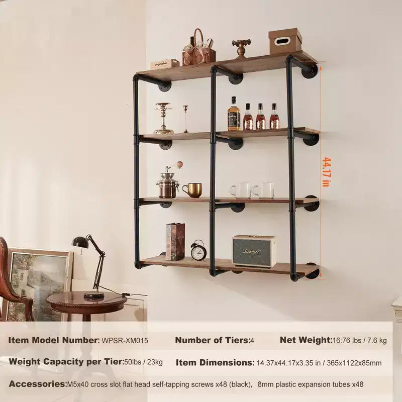 VEVOR Industrial Pipe Shelf, 4 Tier 3PCS, 11.8in Applicable Board Width Wall-Mount Floating Rustic Wood Shelves Bracket Bookshelf, Black