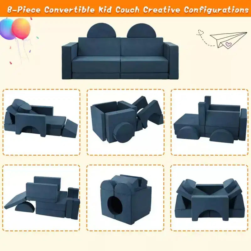 GustoWave 8PCS Toddler Couch Modular Kids Play Couch Sofa, Kids Convertible Sofa with Removable Cover