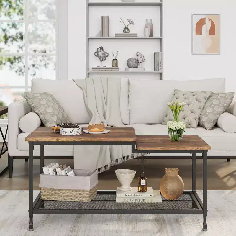 Coffee table,industrial living room table,2-story rustic middle table with mesh frame,rectangular coffee table,metal frame, easy to install