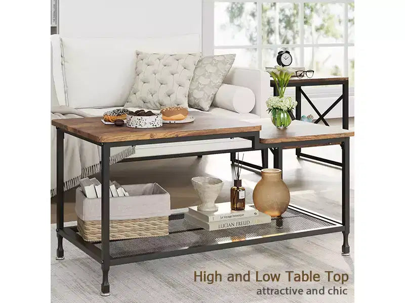 Coffee table,industrial living room table,2-story rustic middle table with mesh frame,rectangular coffee table,metal frame, easy to install