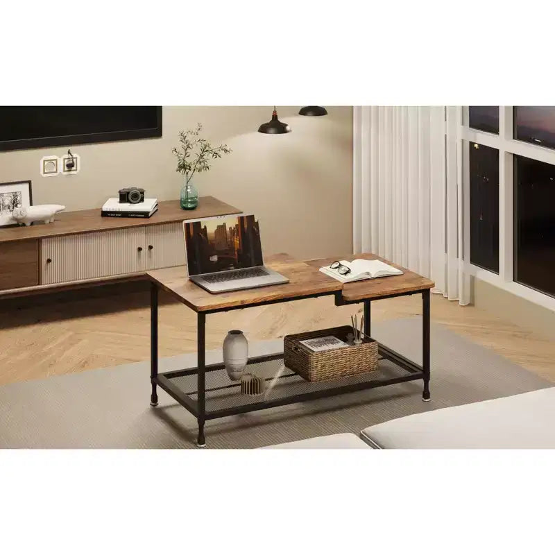 Coffee table,industrial living room table,2-story rustic middle table with mesh frame,rectangular coffee table,metal frame, easy to install