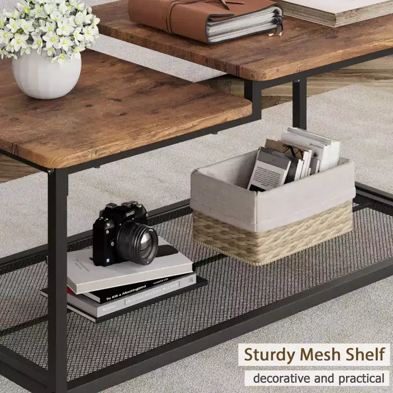 Coffee table,industrial living room table,2-story rustic middle table with mesh frame,rectangular coffee table,metal frame, easy to install
