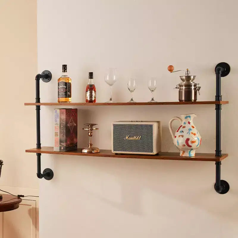 VEVOR Industrial Pipe Shelf, 2 Tier 48x 9.84in, Wall-Mount Floating Rustic Wood Shelves Bracket Display Bookshelf, Black