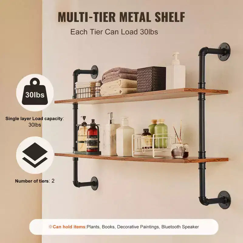 VEVOR Industrial Pipe Shelf, 2 Tier 48x 9.84in, Wall-Mount Floating Rustic Wood Shelves Bracket Display Bookshelf, Black