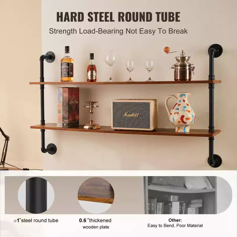 VEVOR Industrial Pipe Shelf, 2 Tier 48x 9.84in, Wall-Mount Floating Rustic Wood Shelves Bracket Display Bookshelf, Black
