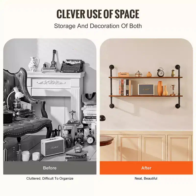 VEVOR Industrial Pipe Shelf, 2 Tier 48x 9.84in, Wall-Mount Floating Rustic Wood Shelves Bracket Display Bookshelf, Black