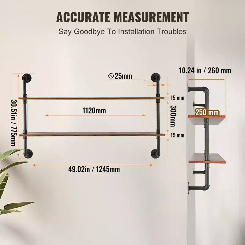 VEVOR Industrial Pipe Shelf, 2 Tier 48x 9.84in, Wall-Mount Floating Rustic Wood Shelves Bracket Display Bookshelf, Black