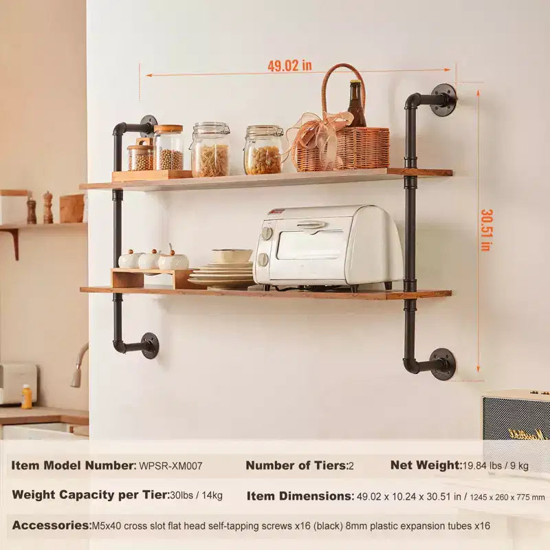 VEVOR Industrial Pipe Shelf, 2 Tier 48x 9.84in, Wall-Mount Floating Rustic Wood Shelves Bracket Display Bookshelf, Black