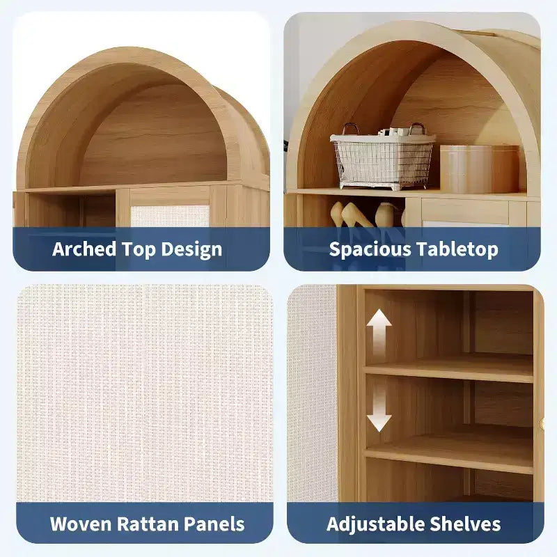 47'' Modern Arched Sideboard Buffet Cabinet with Rattan Doors, Freestanding Storage Pantry for Living Room, Dining Room, Kitchen, Natural