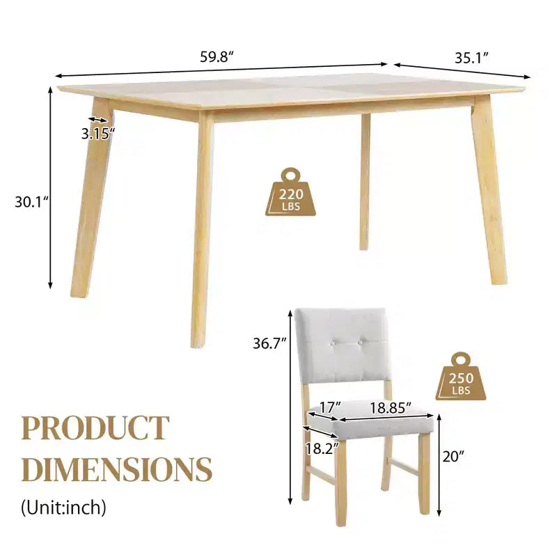 MAYEERTY 5-Piece Farmhouse Dining Set, Solid Wood Table & 4 Chairs, Natural Wood Wash