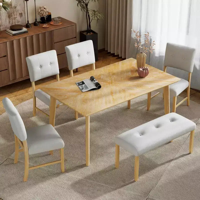 MAYEERTY 6-Piece Farmhouse Dining Set, Solid Wood Table, 4 Chairs & Bench, Natural Wood Wash
