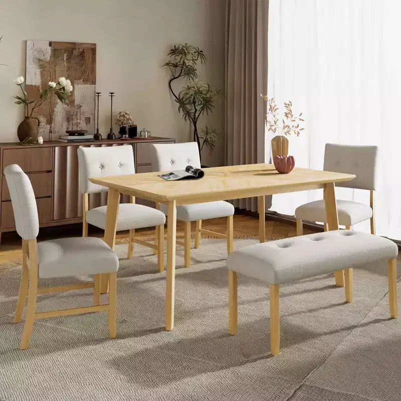 MAYEERTY 6-Piece Farmhouse Dining Set, Solid Wood Table, 4 Chairs & Bench, Natural Wood Wash