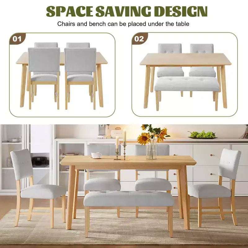 MAYEERTY 6-Piece Farmhouse Dining Set, Solid Wood Table, 4 Chairs & Bench, Natural Wood Wash