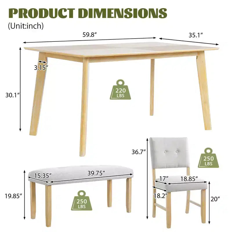 MAYEERTY 6-Piece Farmhouse Dining Set, Solid Wood Table, 4 Chairs & Bench, Natural Wood Wash