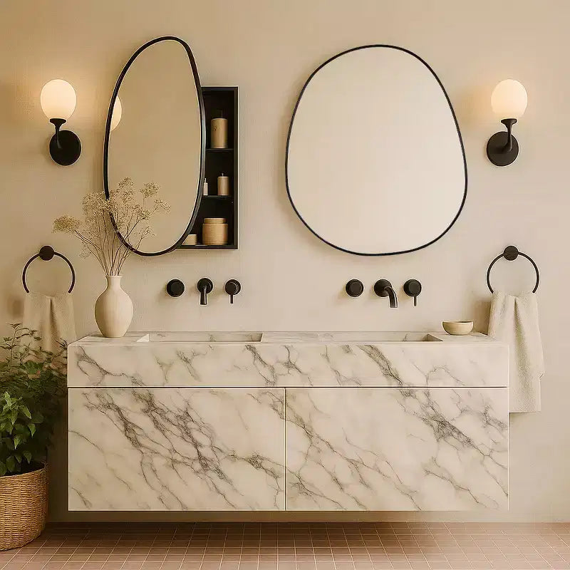 TEHOME Casa Surface Mount Black Bathroom Medicine Cabinet with Mirror, Irregular Asymmetrical Silvered Glass with Adjustable Tempered Glass Shelves