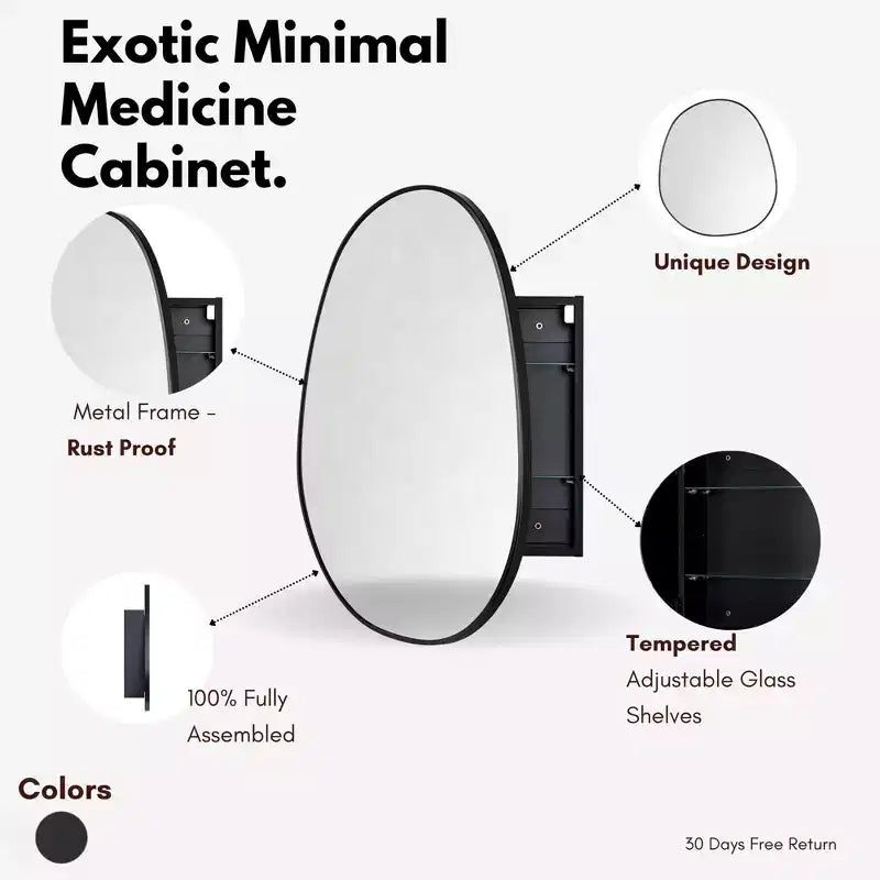 TEHOME Casa Surface Mount Black Bathroom Medicine Cabinet with Mirror, Irregular Asymmetrical Silvered Glass with Adjustable Tempered Glass Shelves