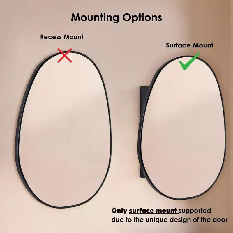 TEHOME Casa Surface Mount Black Bathroom Medicine Cabinet with Mirror, Irregular Asymmetrical Silvered Glass with Adjustable Tempered Glass Shelves