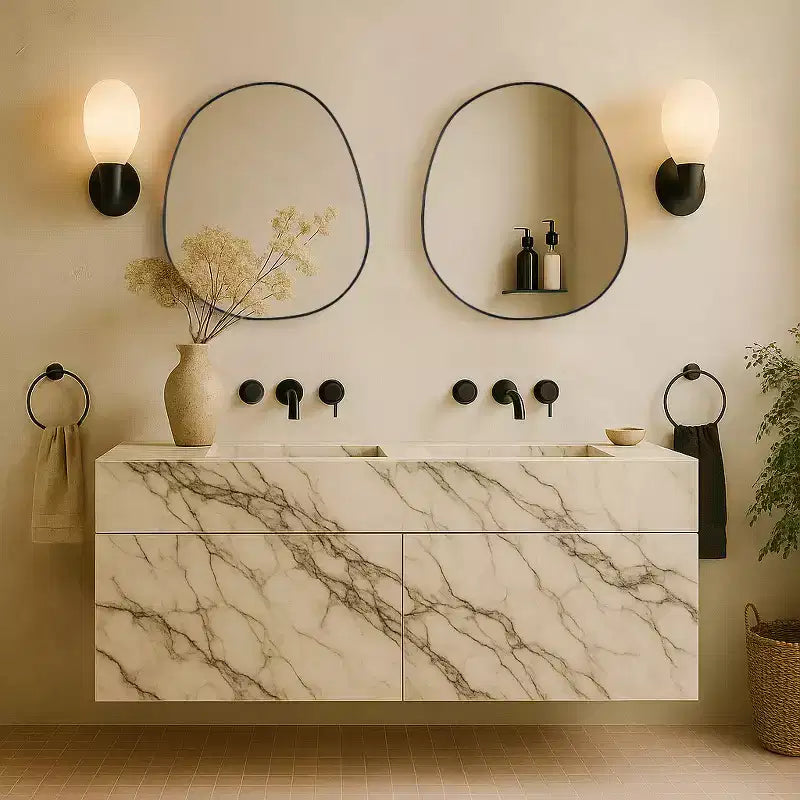 TEHOME Casa Surface Mount Black Bathroom Medicine Cabinet with Mirror, Irregular Asymmetrical Silvered Glass with Adjustable Tempered Glass Shelves