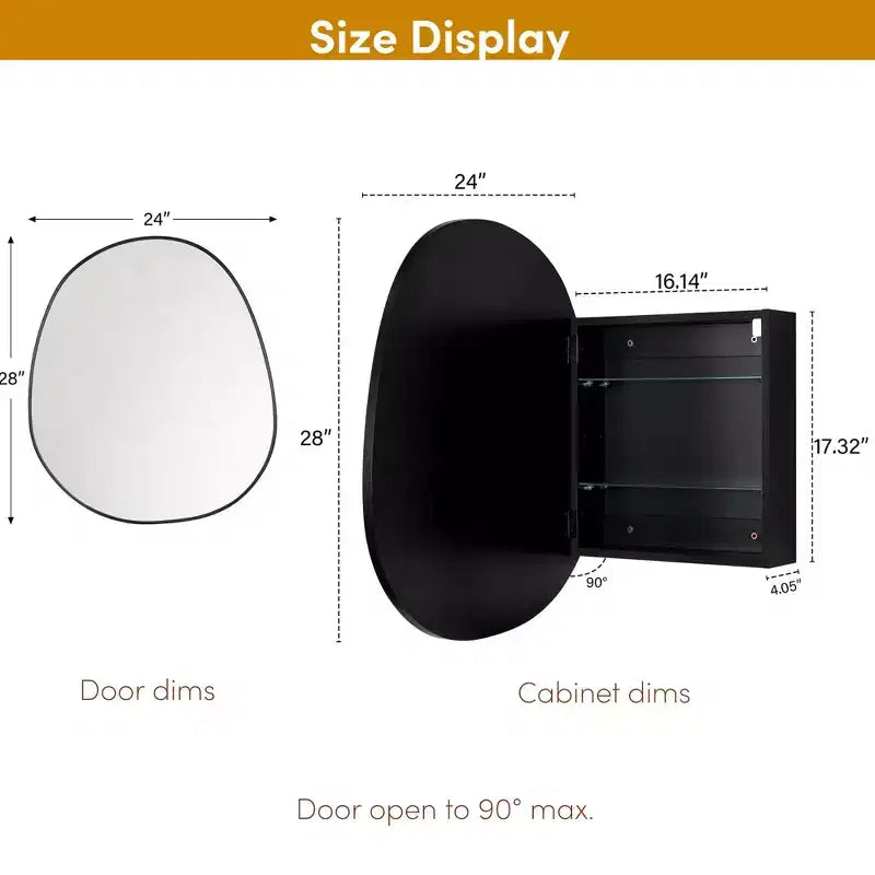 TEHOME Casa Surface Mount Black Bathroom Medicine Cabinet with Mirror, Irregular Asymmetrical Silvered Glass with Adjustable Tempered Glass Shelves