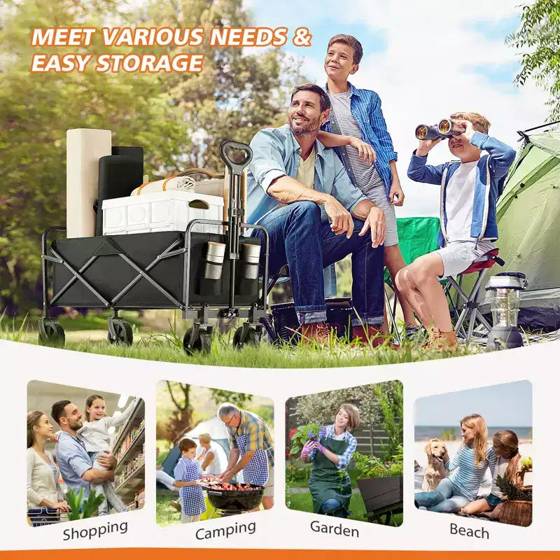 Collapsible Folding Wagon Cart with All-Terrain Wheels Heavy Duty Utility Cart for Camping and Shopping 330lbs Capacity(Small-Black)