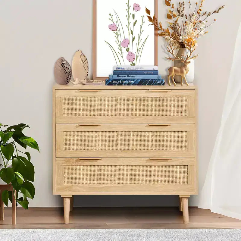 VEVOR 3 Drawer Rattan Dresser, Natural Rattan Closet Dresser with 3 Drawers, Modern Wood Chest Clothing Organizer & Storage Boho Dresser, Wood Color