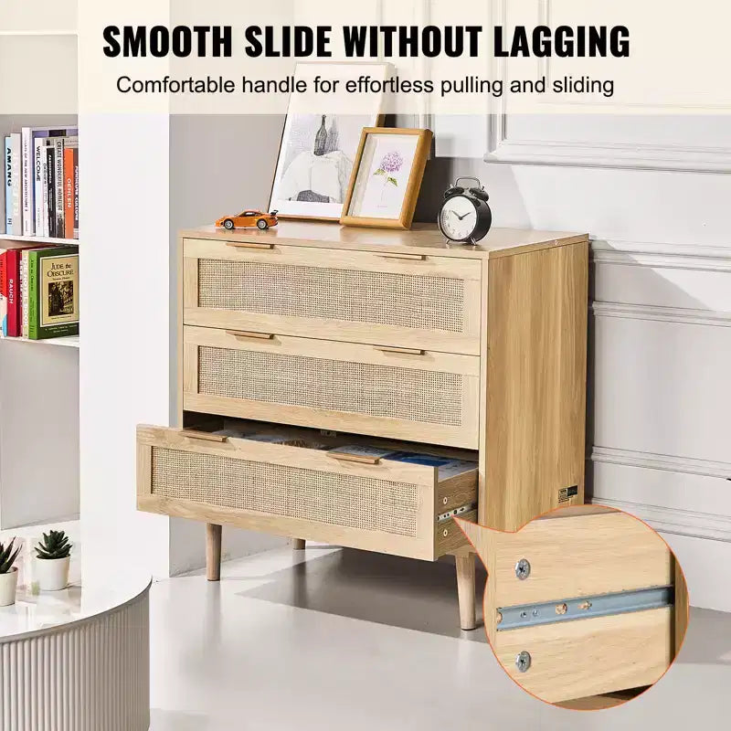 VEVOR 3 Drawer Rattan Dresser, Natural Rattan Closet Dresser with 3 Drawers, Modern Wood Chest Clothing Organizer & Storage Boho Dresser, Wood Color
