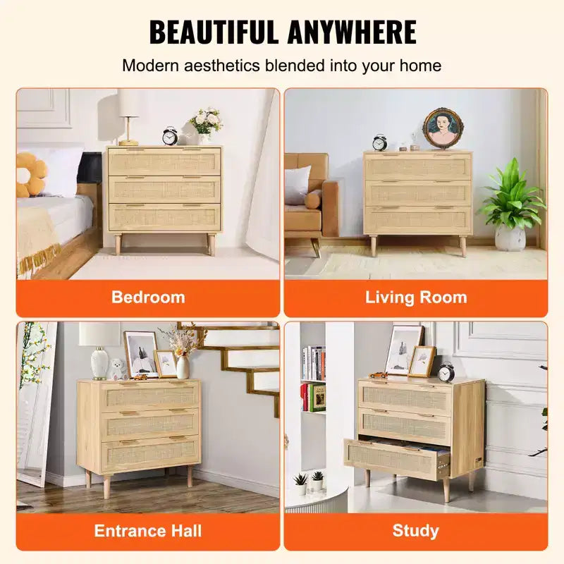 VEVOR 3 Drawer Rattan Dresser, Natural Rattan Closet Dresser with 3 Drawers, Modern Wood Chest Clothing Organizer & Storage Boho Dresser, Wood Color