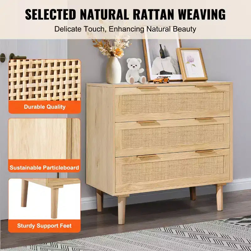 VEVOR 3 Drawer Rattan Dresser, Natural Rattan Closet Dresser with 3 Drawers, Modern Wood Chest Clothing Organizer & Storage Boho Dresser, Wood Color