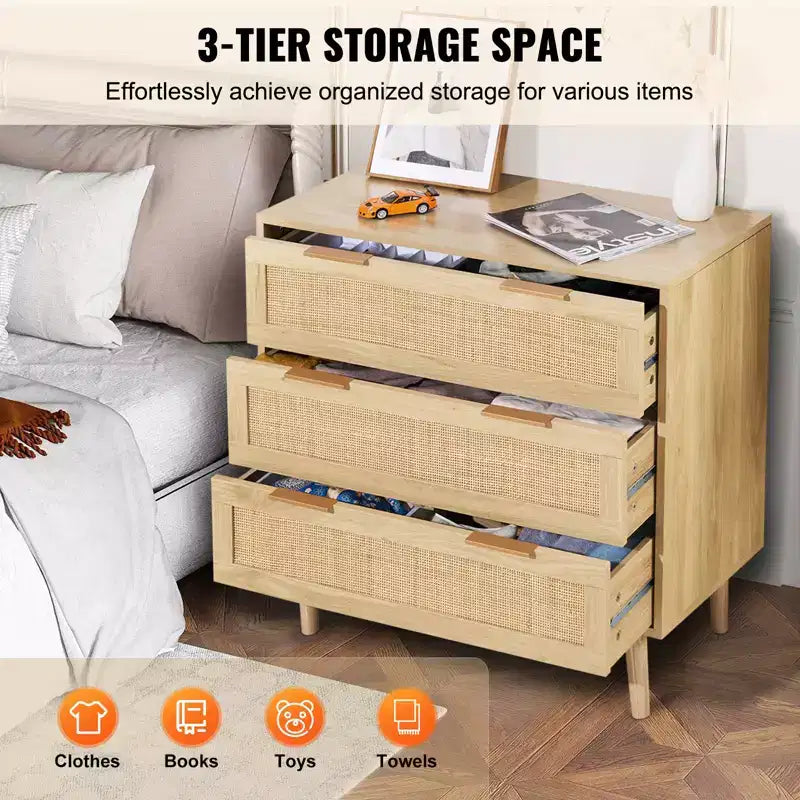 VEVOR 3 Drawer Rattan Dresser, Natural Rattan Closet Dresser with 3 Drawers, Modern Wood Chest Clothing Organizer & Storage Boho Dresser, Wood Color
