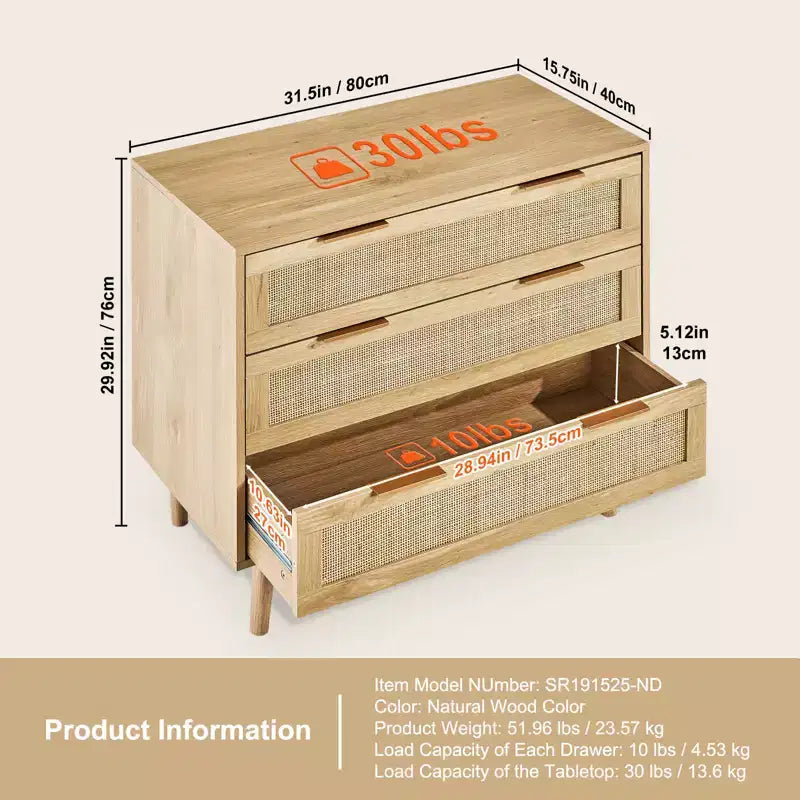 VEVOR 3 Drawer Rattan Dresser, Natural Rattan Closet Dresser with 3 Drawers, Modern Wood Chest Clothing Organizer & Storage Boho Dresser, Wood Color
