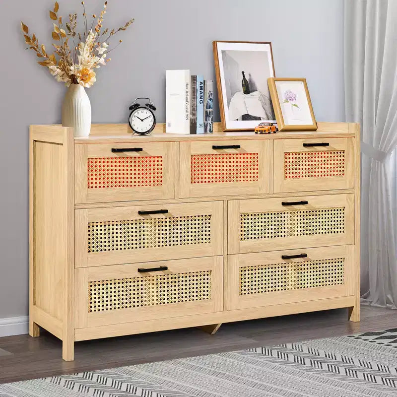 VEVOR 7 Drawer Rattan Dresser, Natural Rattan Wood Dressers with LED Light, Modern Wood Chest Clothing Organizer & Storage Boho Dresser, Wood Color