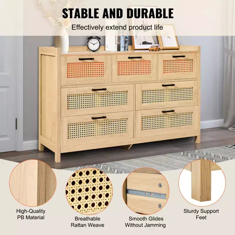 VEVOR 7 Drawer Rattan Dresser, Natural Rattan Wood Dressers with LED Light, Modern Wood Chest Clothing Organizer & Storage Boho Dresser, Wood Color