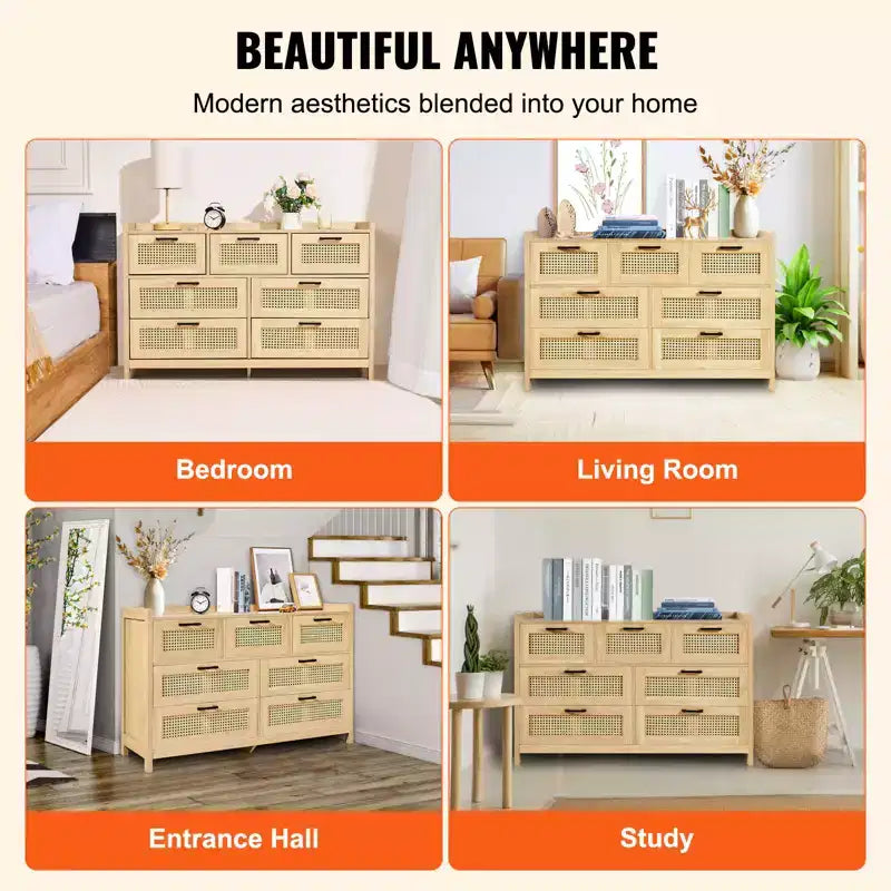 VEVOR 7 Drawer Rattan Dresser, Natural Rattan Wood Dressers with LED Light, Modern Wood Chest Clothing Organizer & Storage Boho Dresser, Wood Color