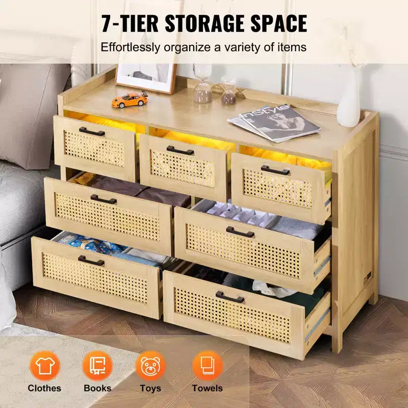 VEVOR 7 Drawer Rattan Dresser, Natural Rattan Wood Dressers with LED Light, Modern Wood Chest Clothing Organizer & Storage Boho Dresser, Wood Color