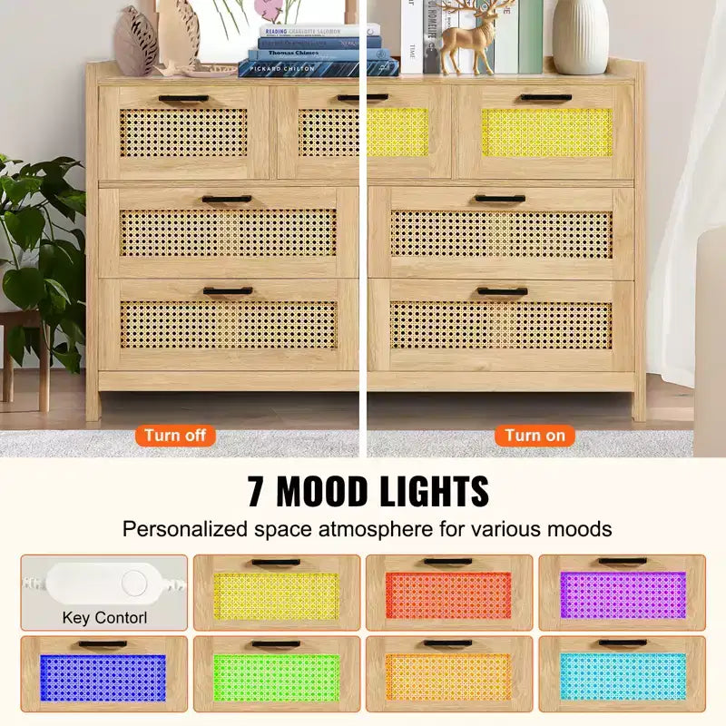 VEVOR 7 Drawer Rattan Dresser, Natural Rattan Wood Dressers with LED Light, Modern Wood Chest Clothing Organizer & Storage Boho Dresser, Wood Color