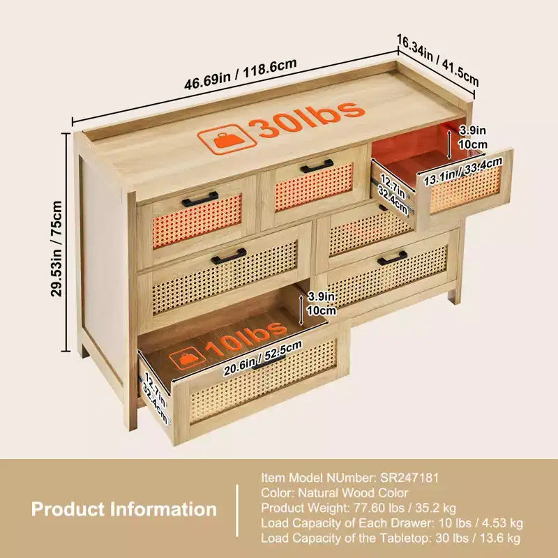 VEVOR 7 Drawer Rattan Dresser, Natural Rattan Wood Dressers with LED Light, Modern Wood Chest Clothing Organizer & Storage Boho Dresser, Wood Color