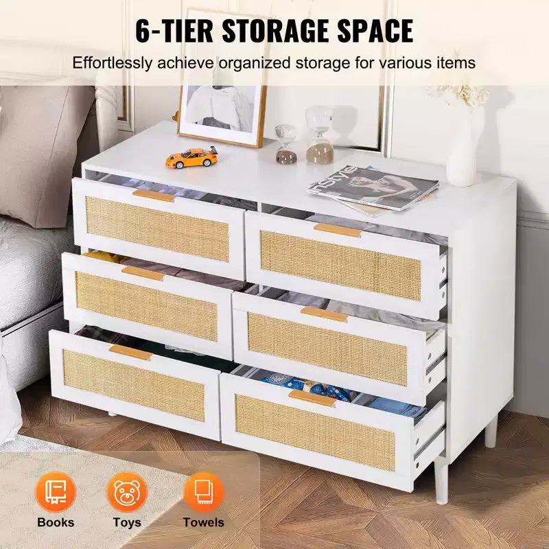 VEVOR 6 Drawer Rattan Dresser, Boho Dresser, Rattan Chest of Drawers with Spacious Storage, Natural Rattan Dresser, White