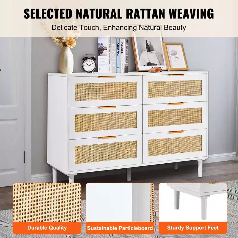 VEVOR 6 Drawer Rattan Dresser, Boho Dresser, Rattan Chest of Drawers with Spacious Storage, Natural Rattan Dresser, White
