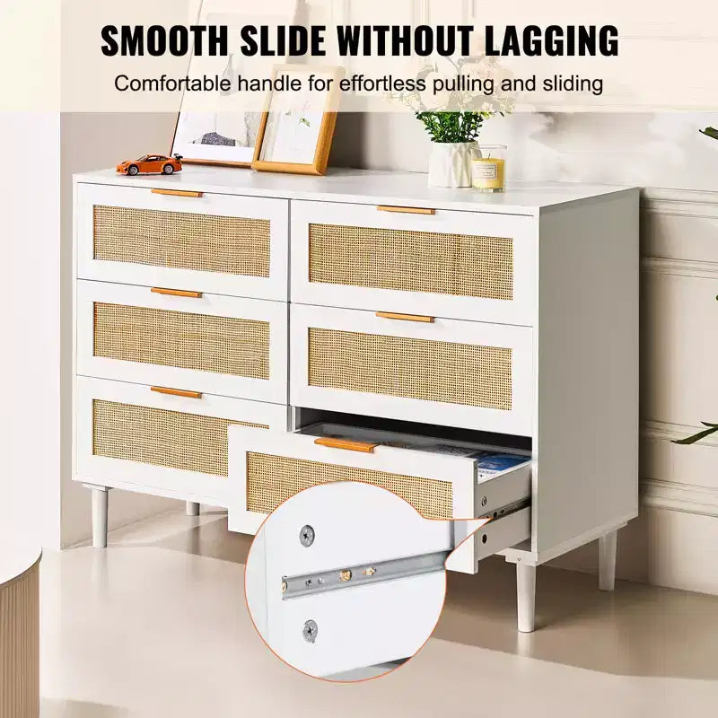 VEVOR 6 Drawer Rattan Dresser, Boho Dresser, Rattan Chest of Drawers with Spacious Storage, Natural Rattan Dresser, White