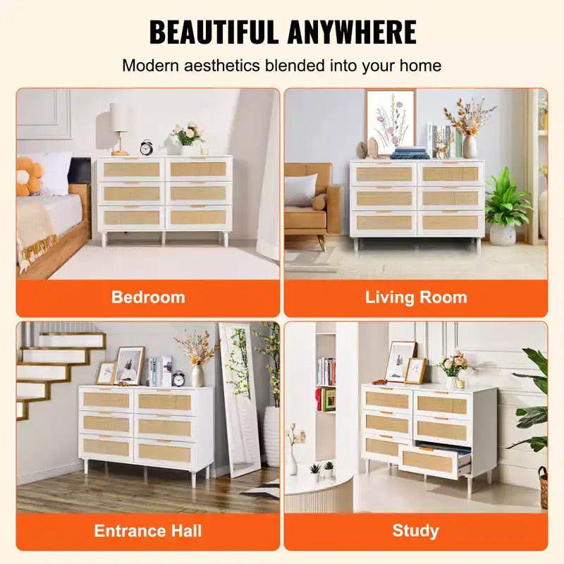 VEVOR 6 Drawer Rattan Dresser, Boho Dresser, Rattan Chest of Drawers with Spacious Storage, Natural Rattan Dresser, White