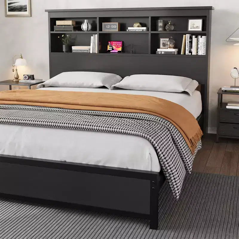 King Size Bed Frame with Bookcase Headboard, King Platform Bed with 2-tier Storage & Charging Station, No Box Spring Needed Easy AssembleBlack