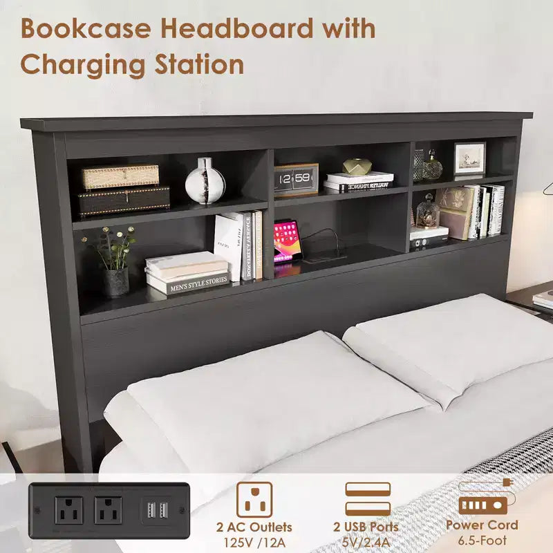 King Size Bed Frame with Bookcase Headboard, King Platform Bed with 2-tier Storage & Charging Station, No Box Spring Needed Easy AssembleBlack